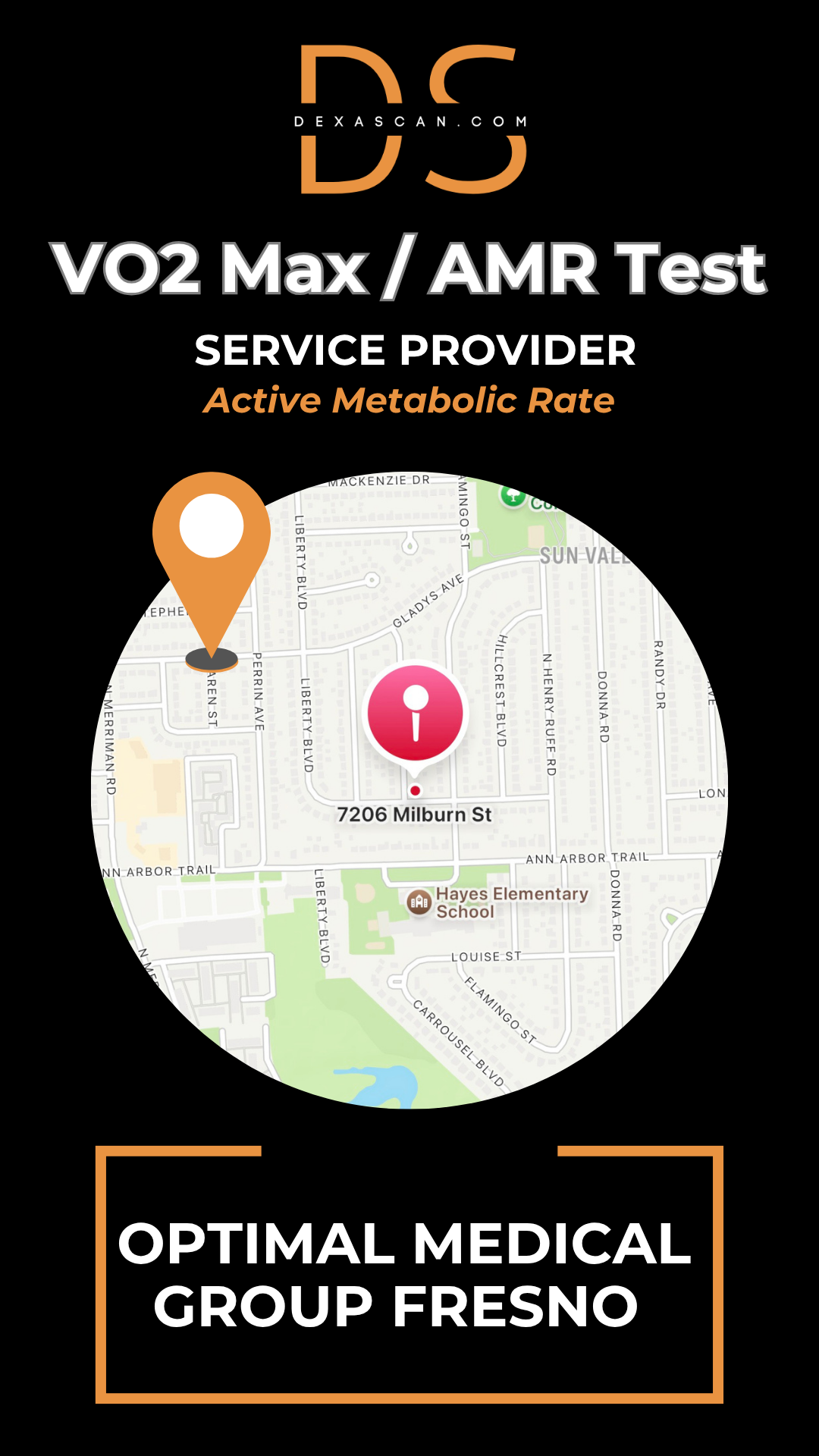VO2 Max/AMR Test service provider Optimal Medical Group Fresno on a black background with map icon.