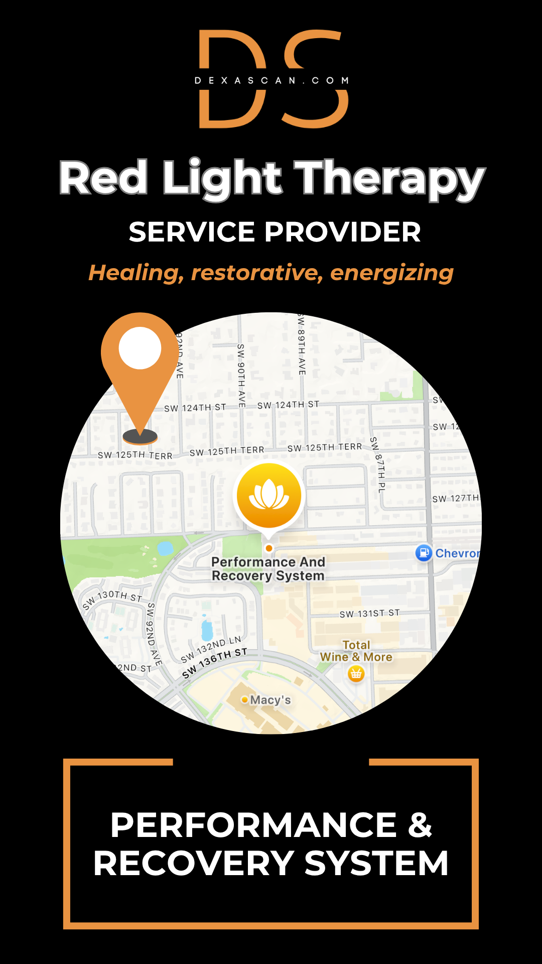 Advertisement for red light therapy service provider with map and branding elements.