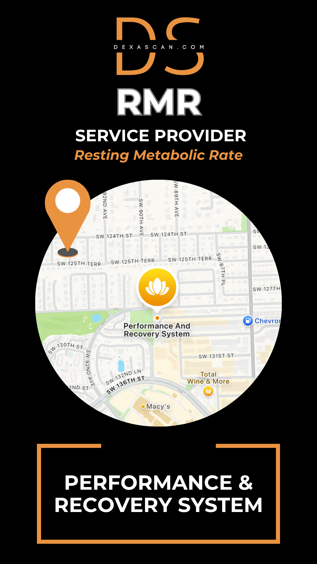 Map with location markers on a black background featuring 'DS RMR' branding.