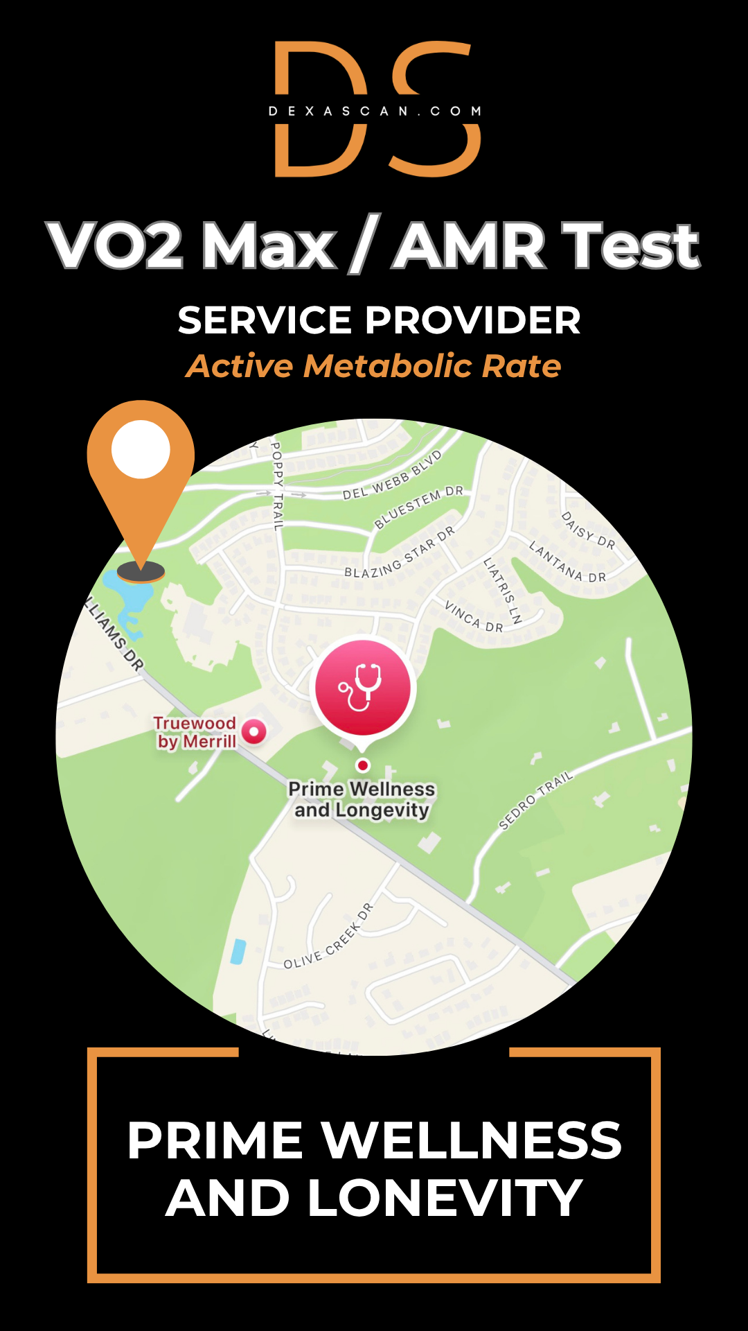 dexascan.com VO2 Max Active Metabolic Rate service provider Prime Wellness and Longevity with location map and pin