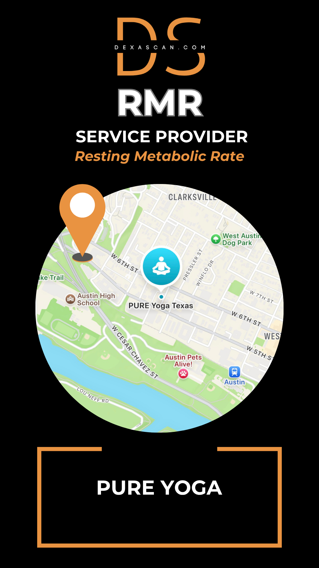 dexascan.com resting metabolic rate service provider Pure Yoga with location map and pin