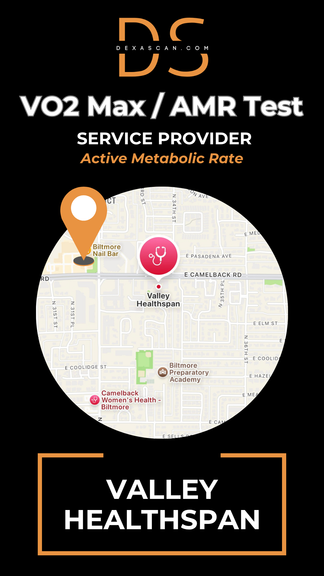 dexascan.com VO2 Max Active Metabolic Rate service provider Valley Healthspan with location map and pin