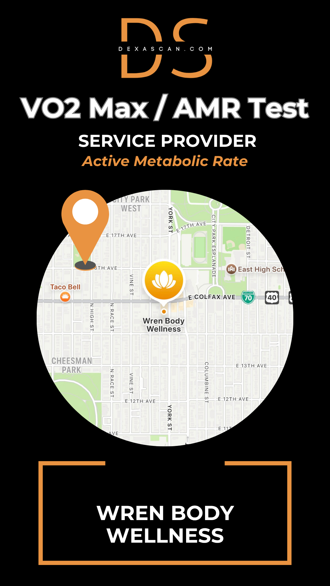 Map with a location marker and 'Wren Body Wellness' on a black background with branding text.