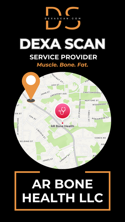 Advertisement for DEXA Scan service provider AR Bone Health LLC with a map icon and location details.