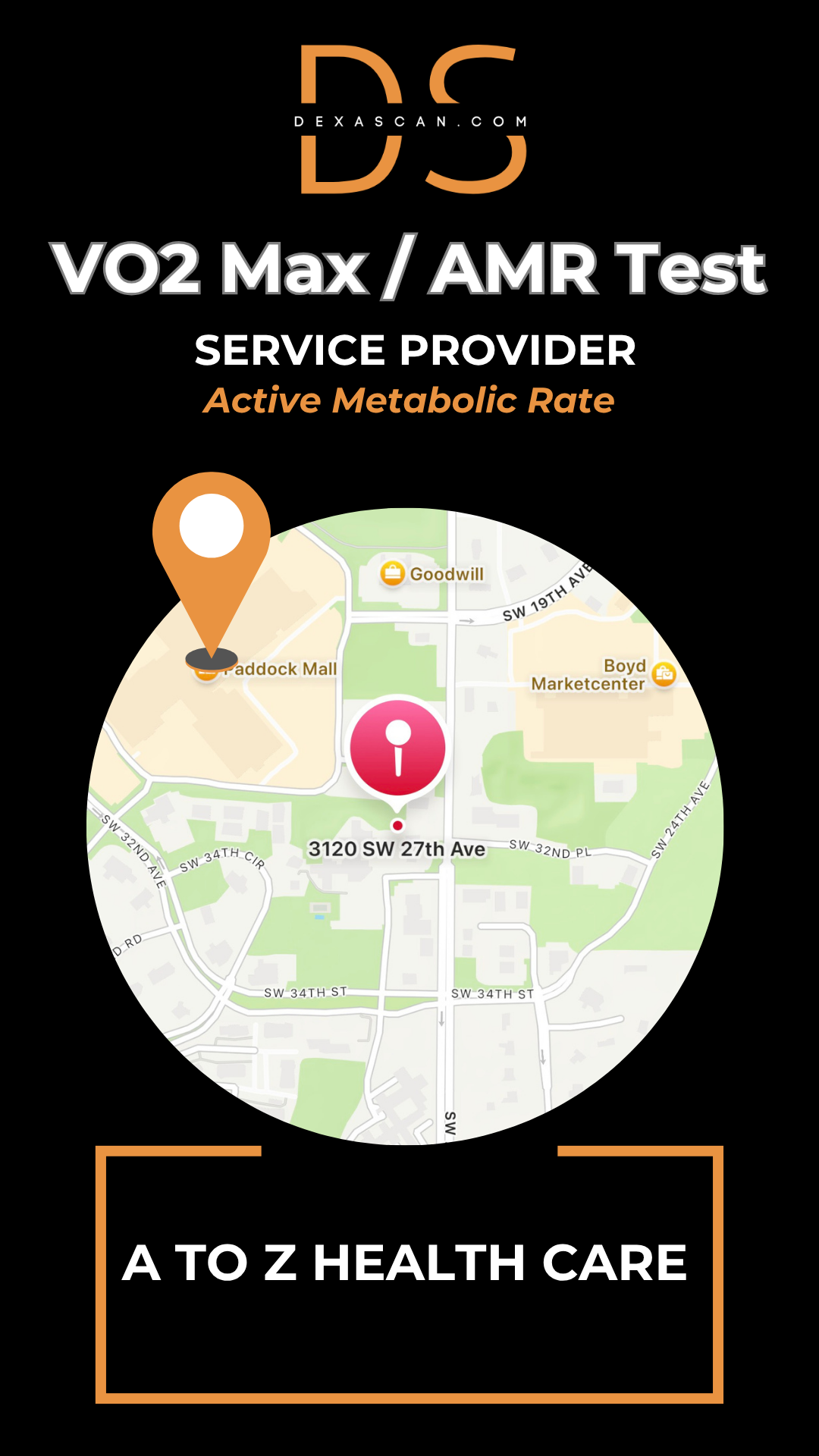 Map with location markers on a black background, featuring text about VO2 Max/AMR Test service provider.