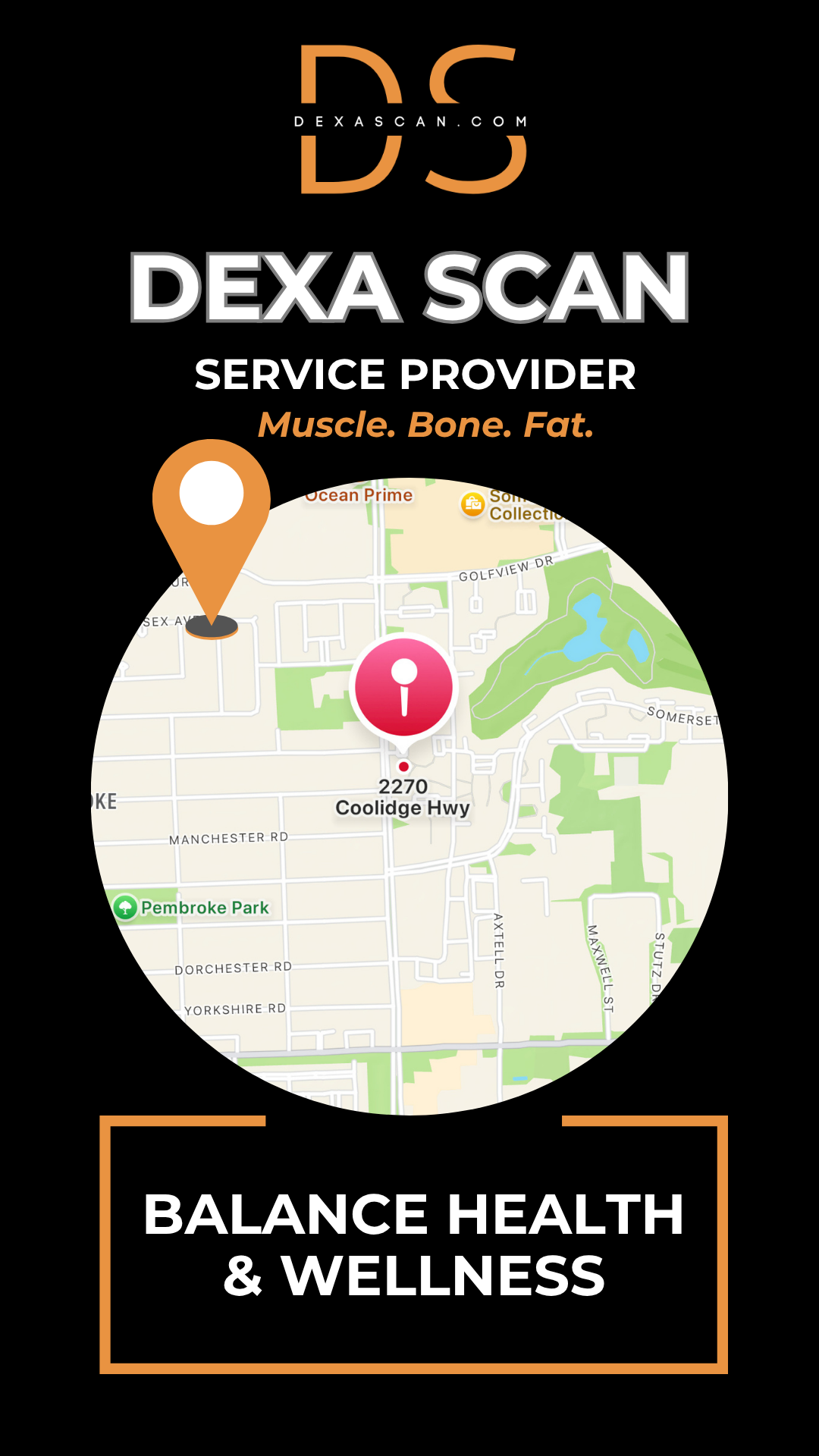 Dexa Scan service provider advertisement with map and branding elements on a black background