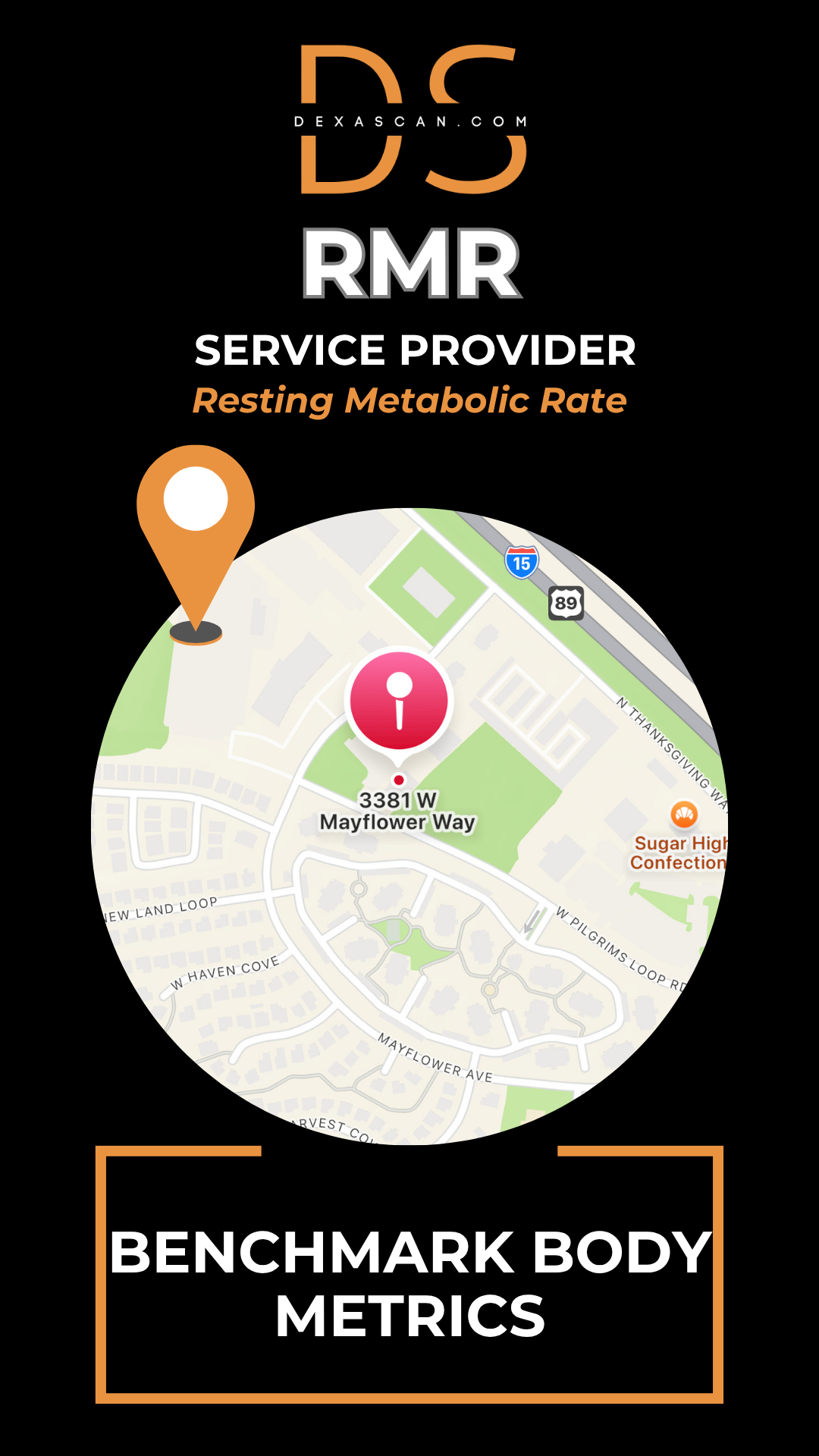 dexascan.com resting metabolic rate service provider Benchmark Body Metrics with location map and pin