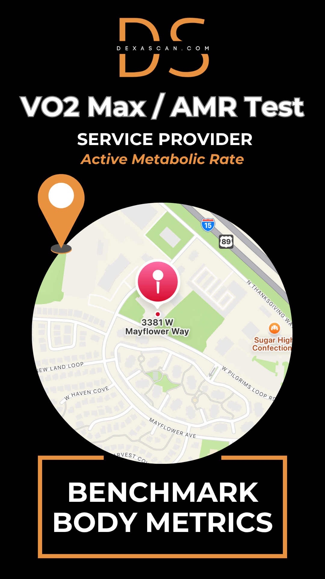 dexascan.com VO2 Max Active Metabolic Rate service provider Benchmark Body Metric with location map and pin
