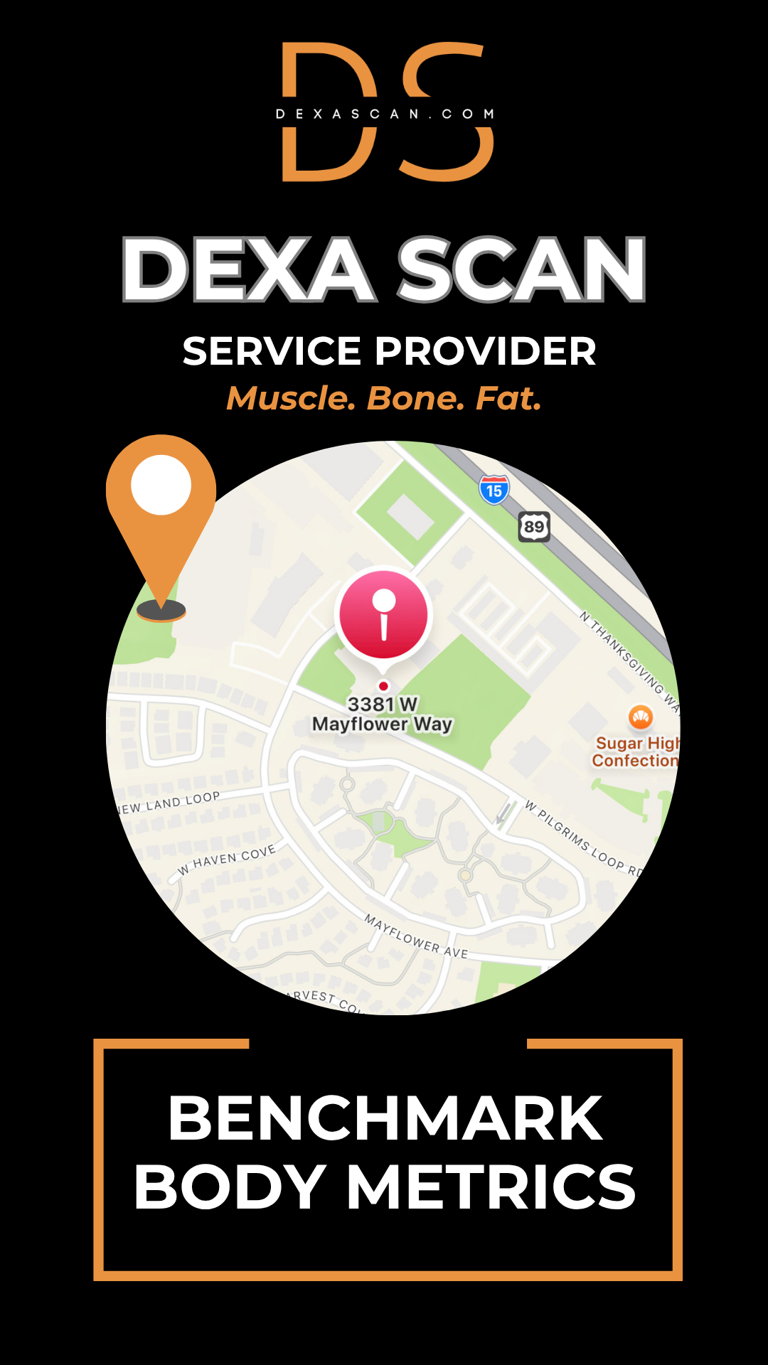 dexascan.com DEXA Scan service provider Benchmark Body Metrics with location map and pin