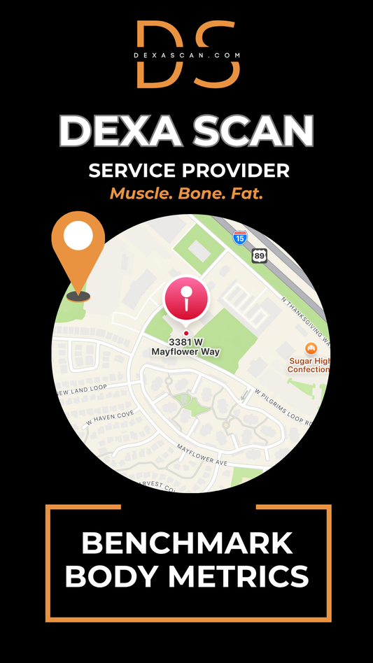 dexascan.com DEXA Scan service provider Benchmark Body Metrics with location map and pin
