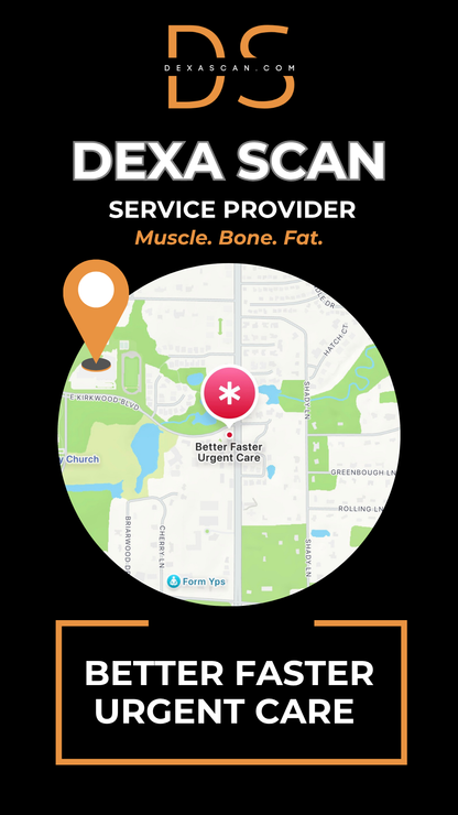 dexascan.com DEXA Scan service provider Better Faster Urgent Care with location map and pin