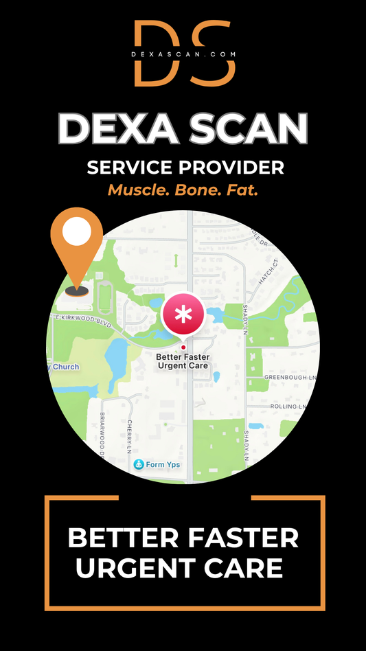 dexascan.com DEXA Scan service provider Better Faster Urgent Care with location map and pin