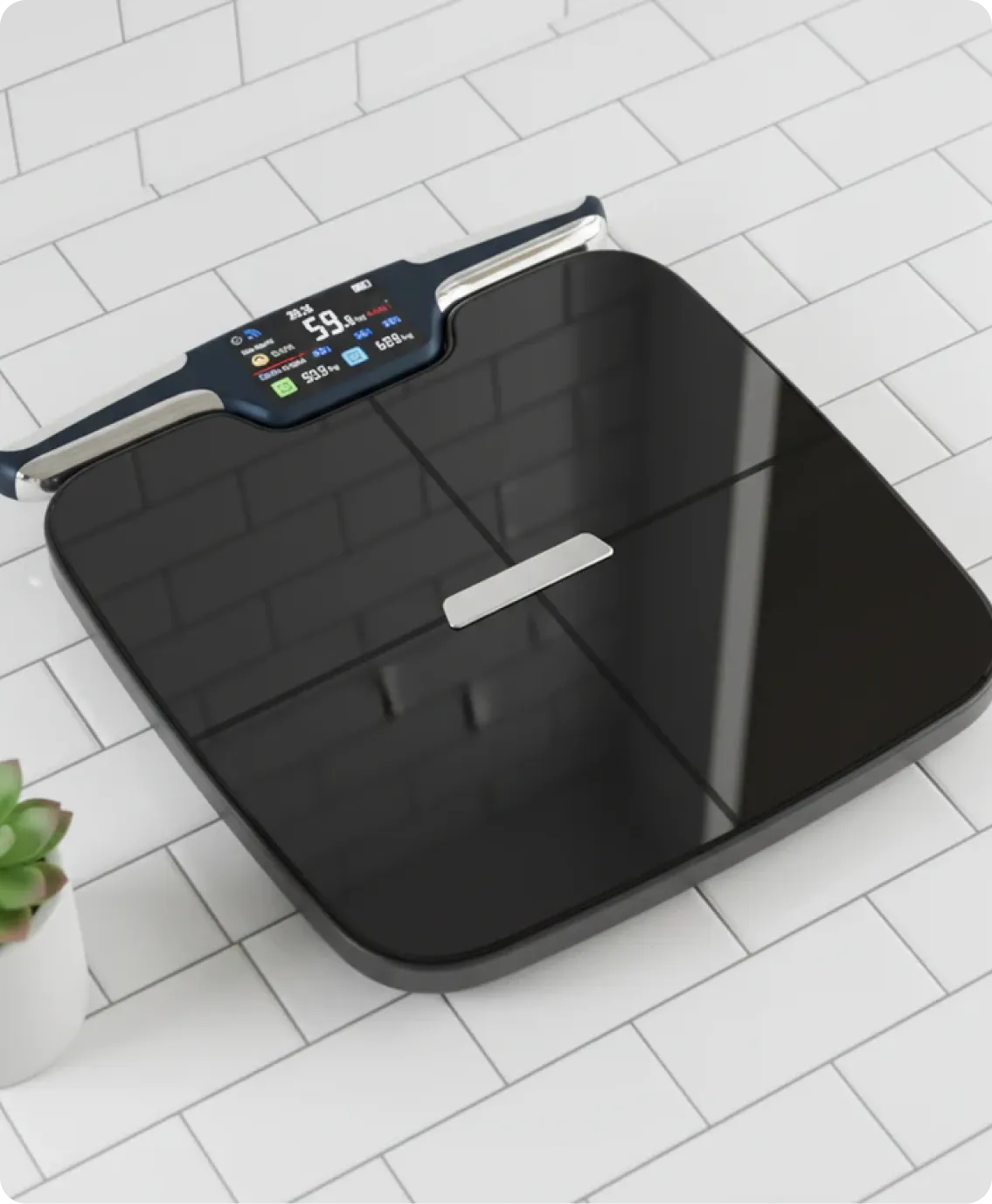 Black digital body composition scale on a white tiled floor