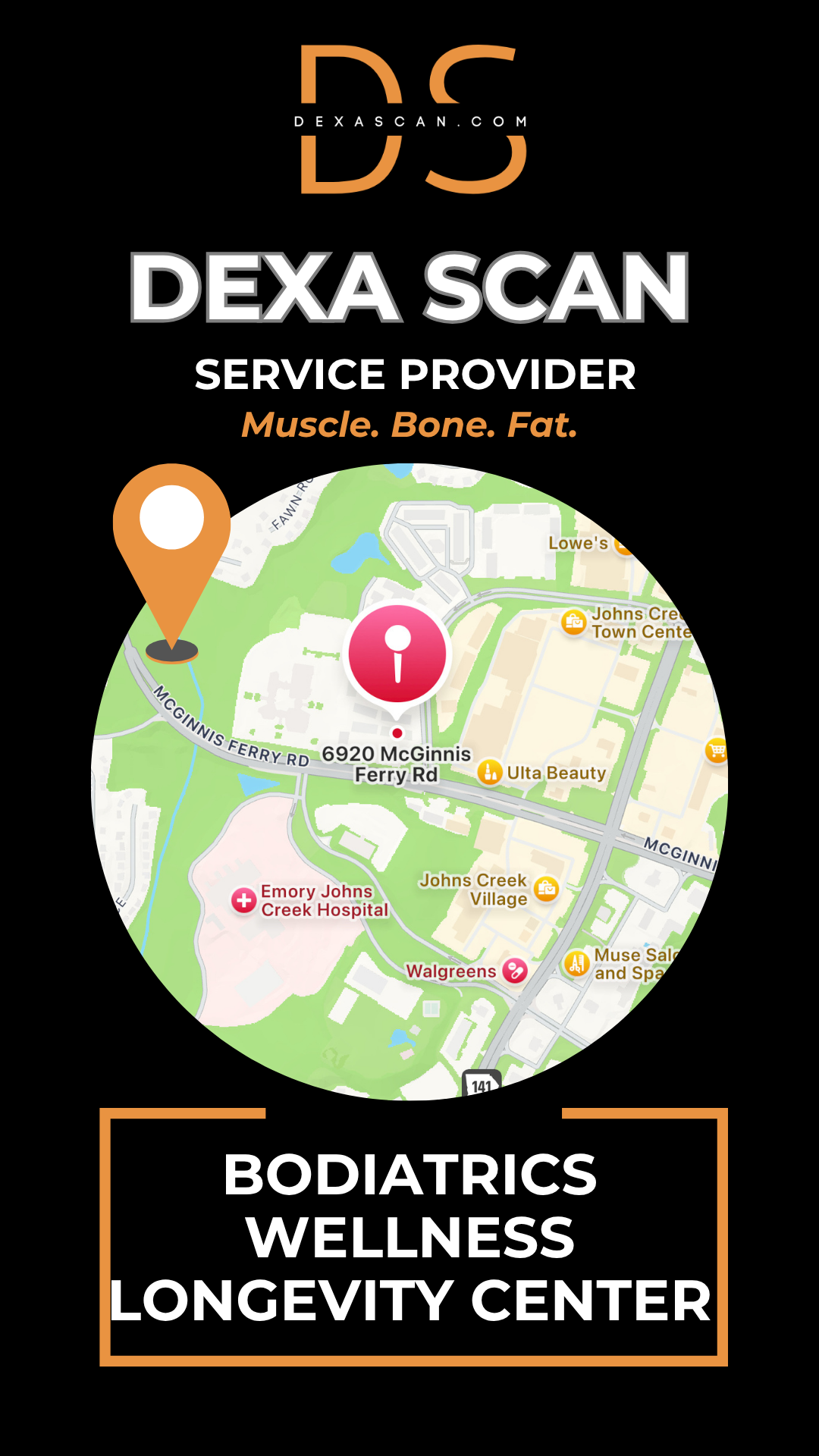 dexascan.com DEXA Scan service provider Bodiatrics Wellness Longevity Center with location map and pin