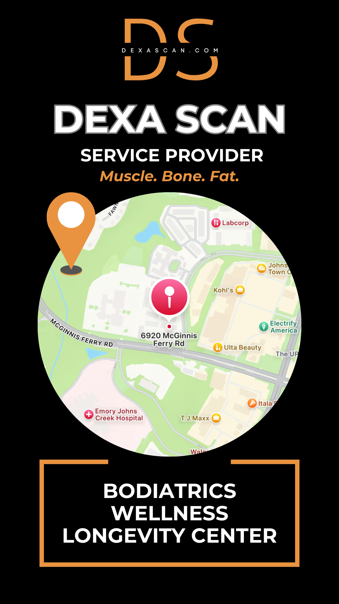 Dexa Scan service provider advertisement with map and branding elements on a black background