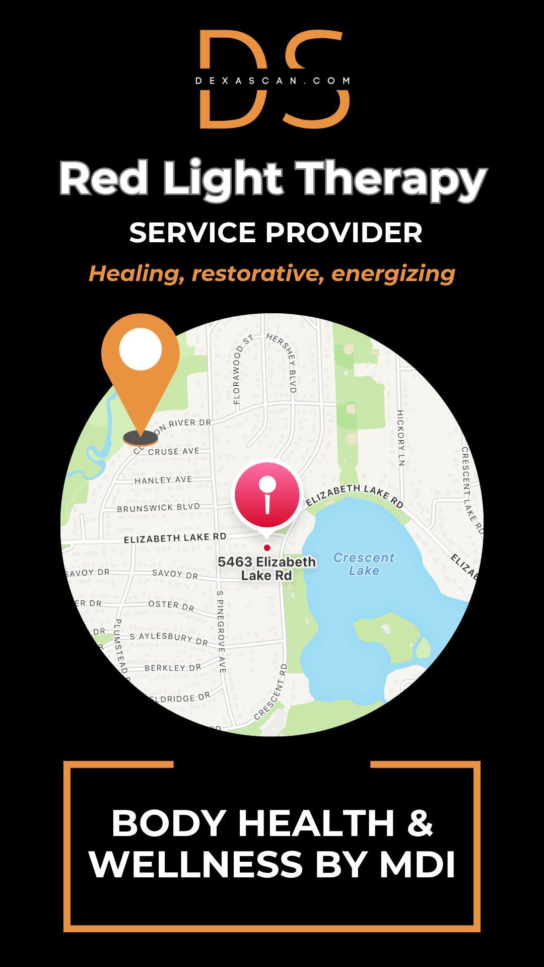 dexascan.com Red Light Therapy service provider Body Health & Wellness by MDI with location map and pin