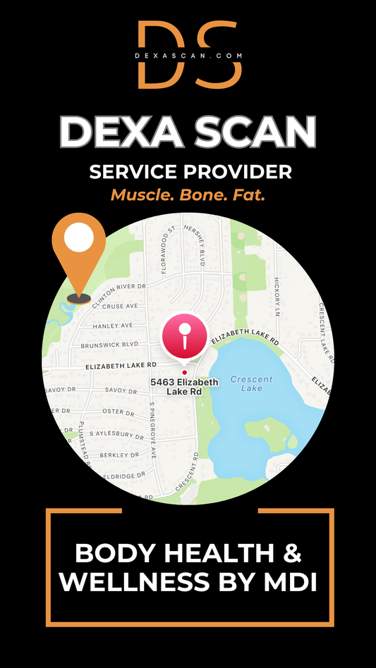 dexascan.com DEXA Scan service provider Body Health & Wellness by MDI with location map and pin