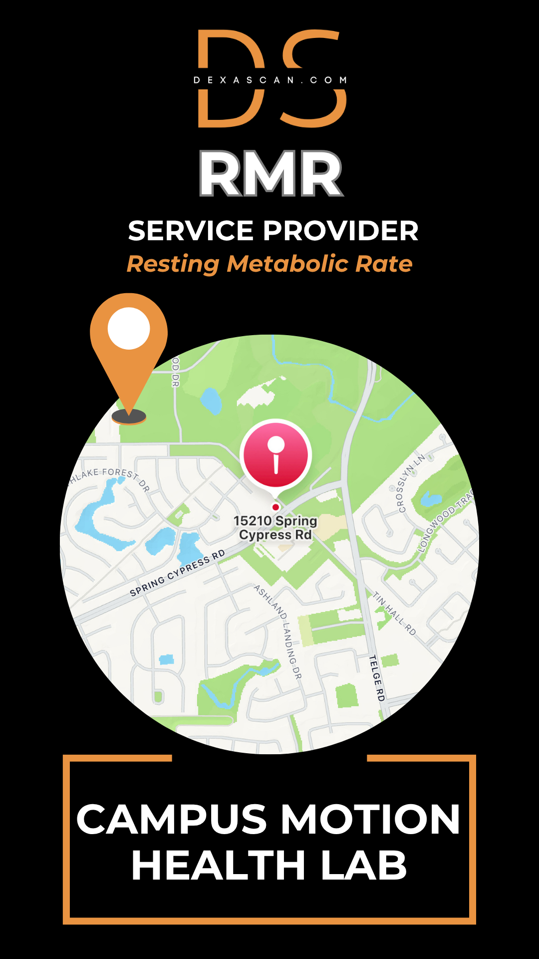 Map with location pin and text about RMR service provider on a black background