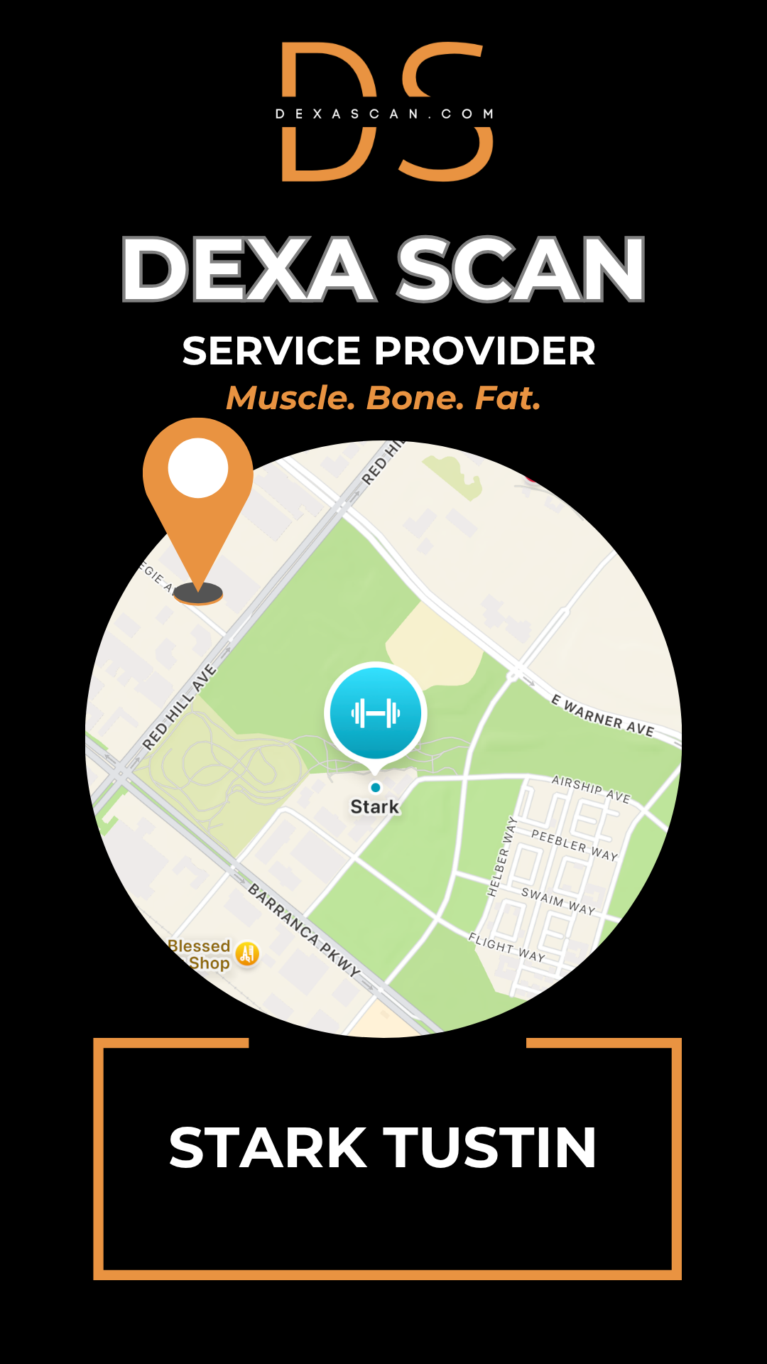 Dexa Scan service provider advertisement with map and location pin on a black background
