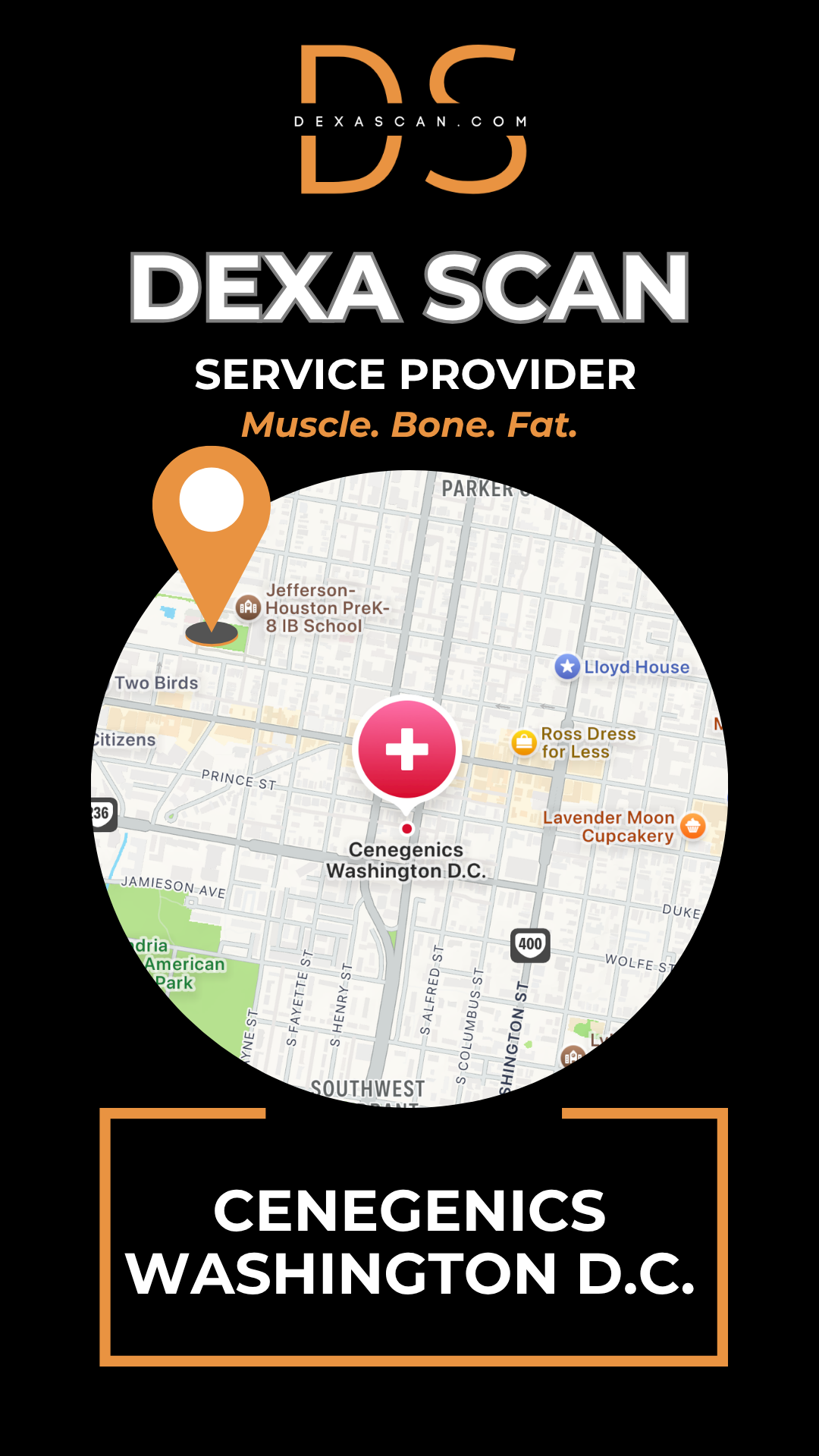 Dexa Scan service provider advertisement with map and branding elements on a black background