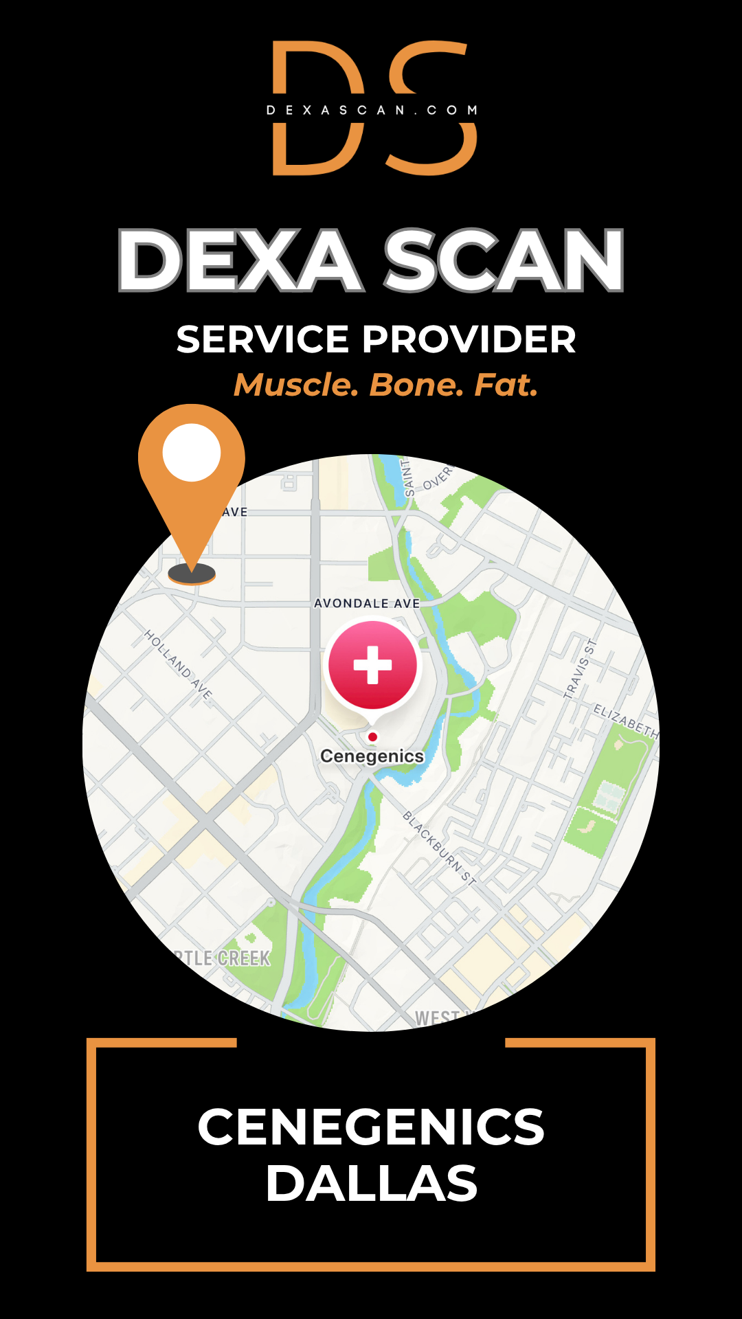 Dexa Scan service provider logo with map and location pin on a black background
