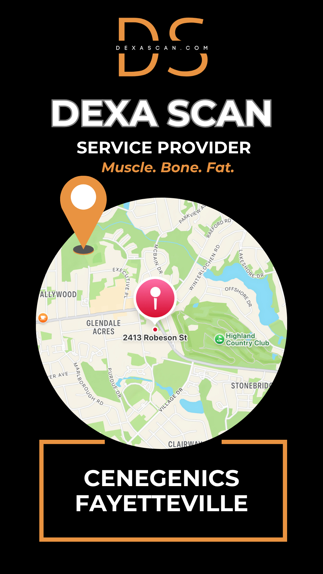 Dexa Scan service provider advertisement with map and contact information on a black background