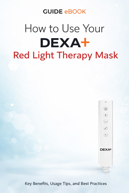 White DEXA+ red light therapy mask on a light blue background with text about usage guide.