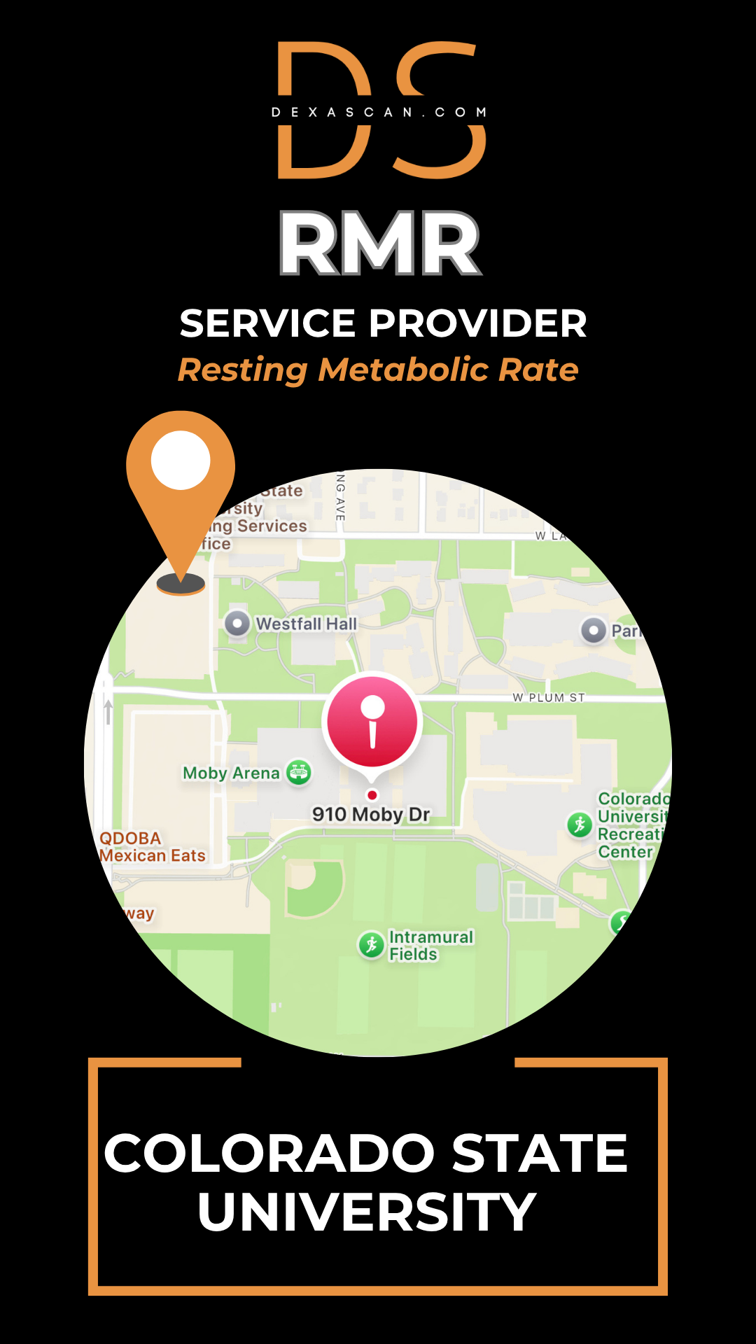 Map of Colorado State University with a location pin and branding for RMR service provider on a black background.