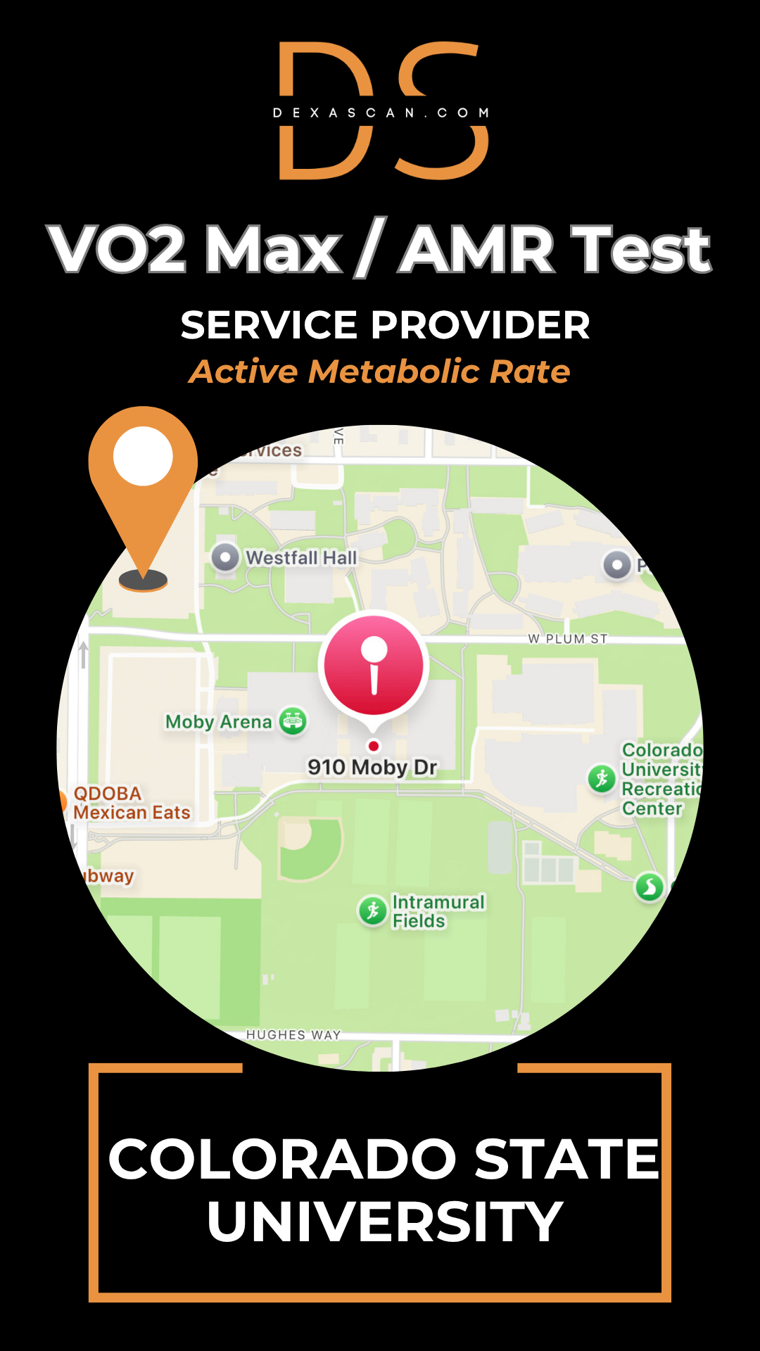 Map of Colorado State University with a focus on Moby Arena, labeled as a VO2 Max/AMR Test service provider.