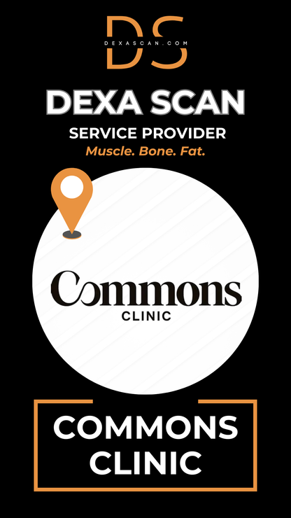 Advertisement for DEXA Scan service provider at Commons Clinic with logo and text on a black background.