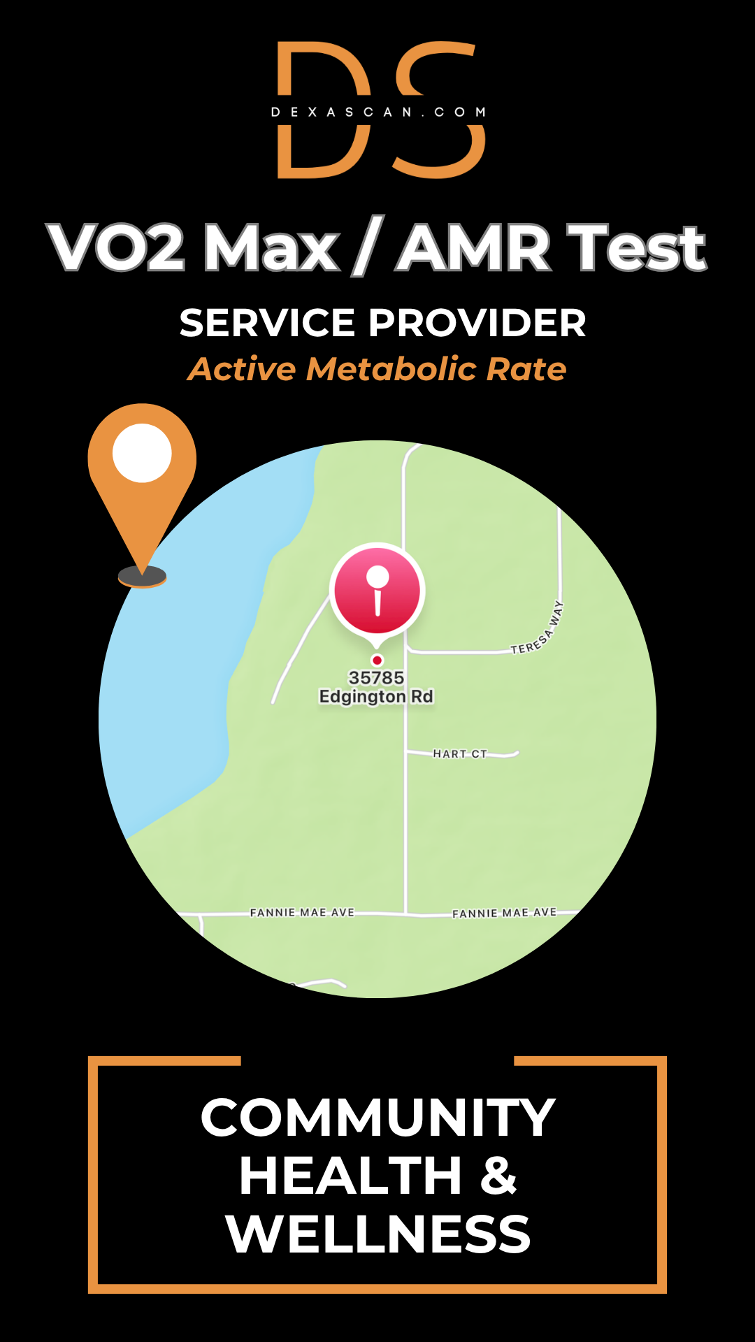 VO2 Max/AMR Test service provider with map and location details on a black background.
