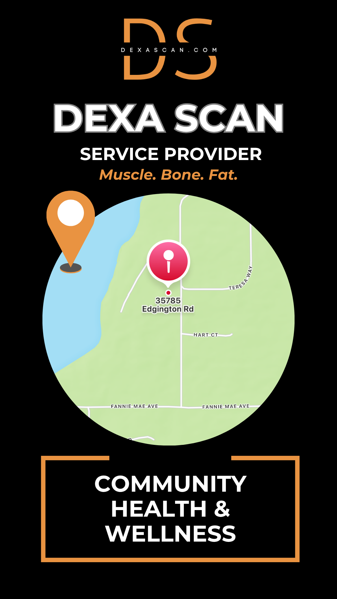 Dexa Scan service provider advertisement with map and contact information on a black background