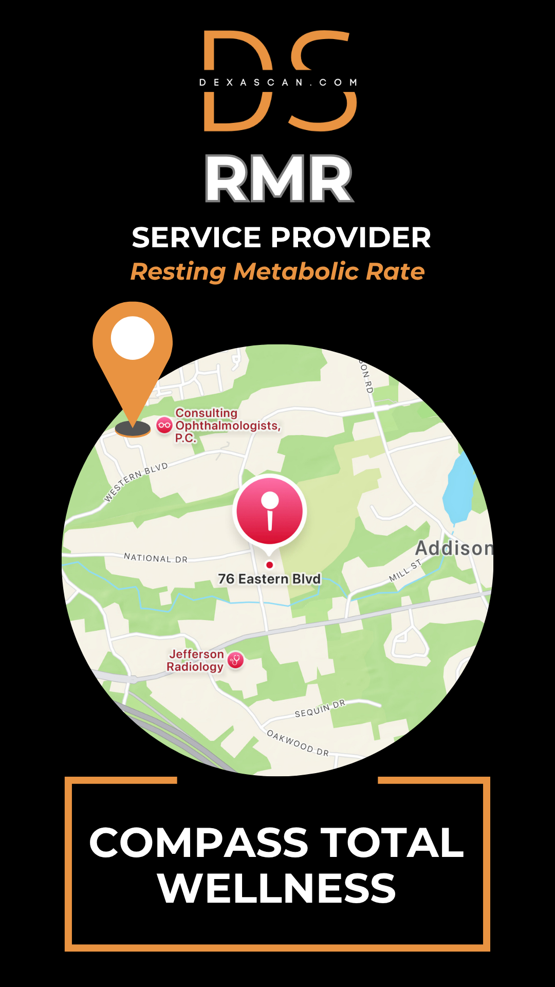 Map with a location marker and text about RMR service provider on a black background