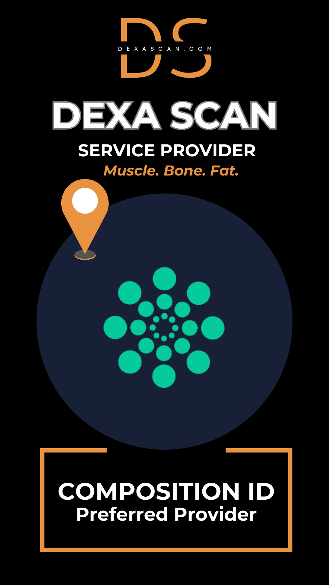 Dexa Scan service provider logo with a blue circle and teal dots on a black background.