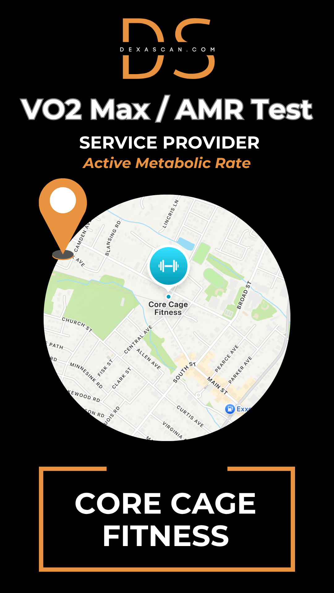 Advertisement for VO2 Max/AMR Test service provider with map and location icon on a black background.