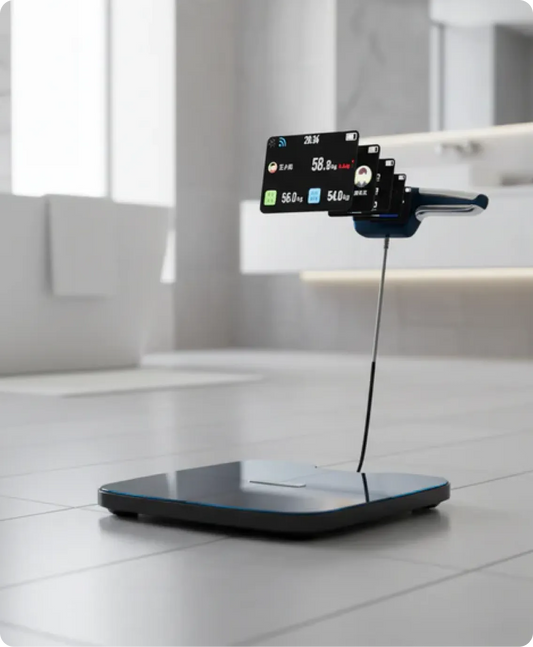 DEXA Plus Body Composition  scale with a smartphone displaying health app on a white floor.