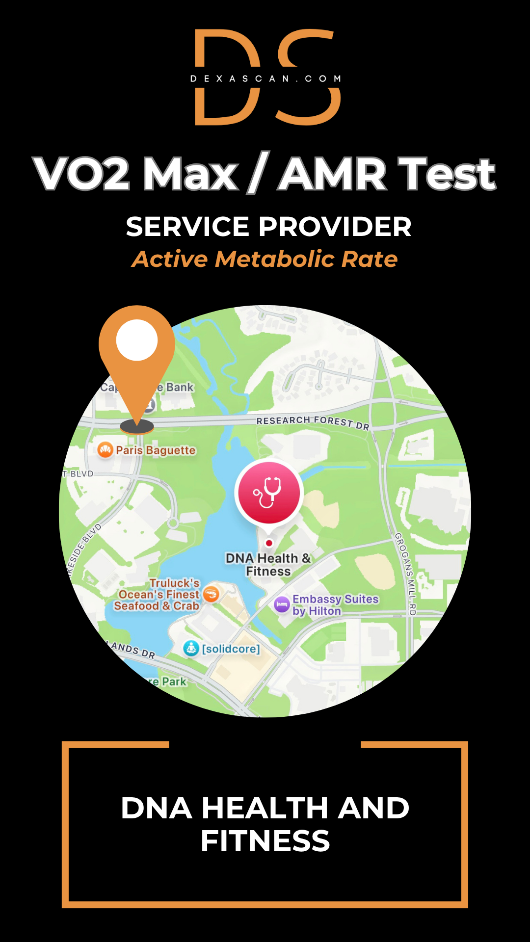 dexascan.com VO2 Max Active Metabolic Rate service provider DNA Health and Fitness with location map and pin