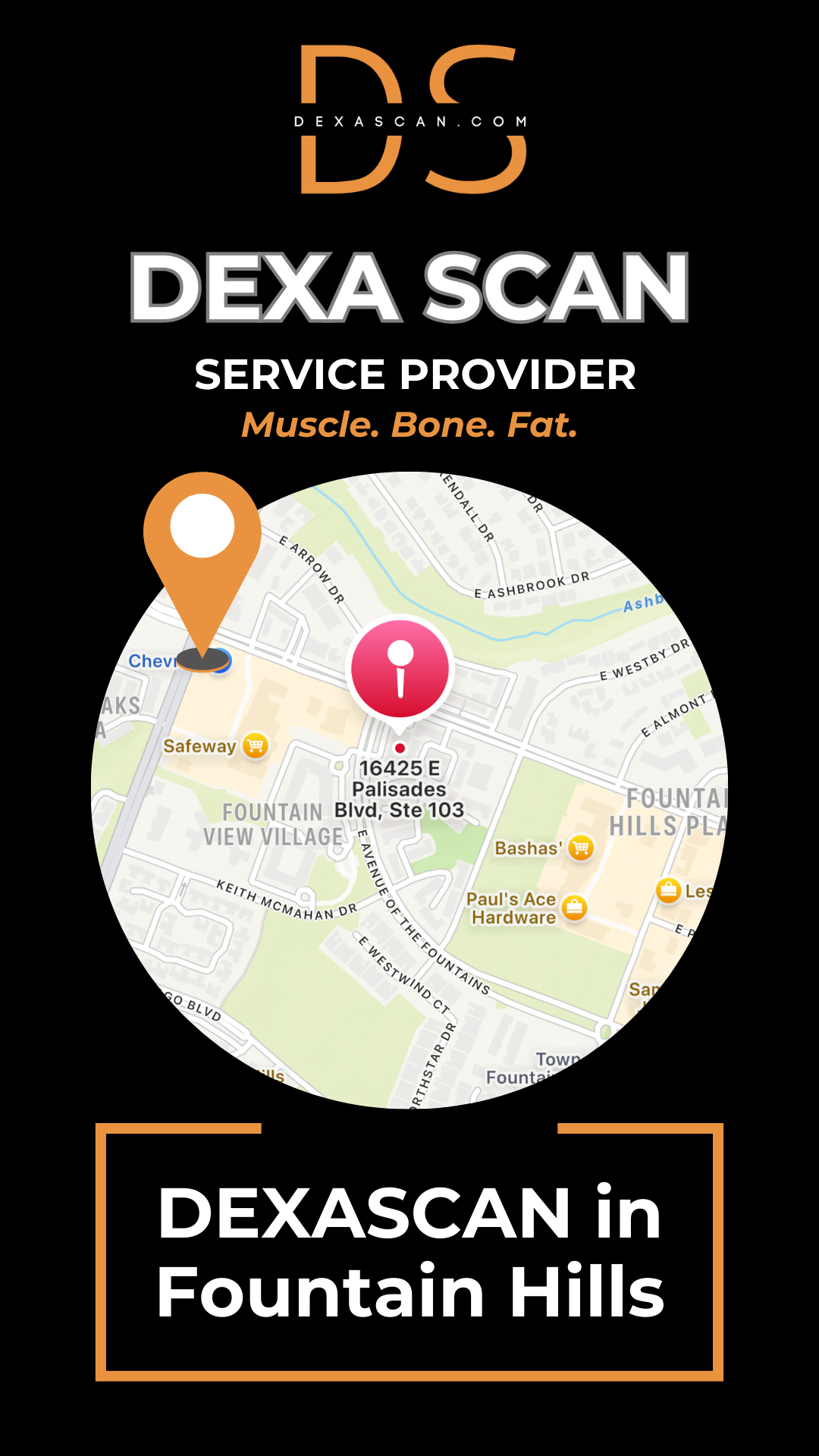 DEXA SCAN service provider advertisement with map and contact information on a black background