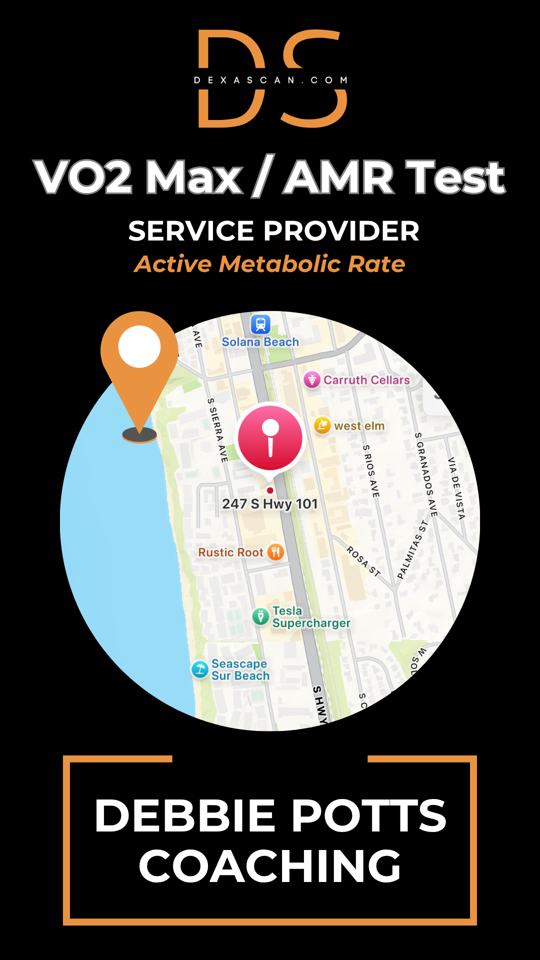 Debbie Potts Coaching with a map and branding elements on a black background