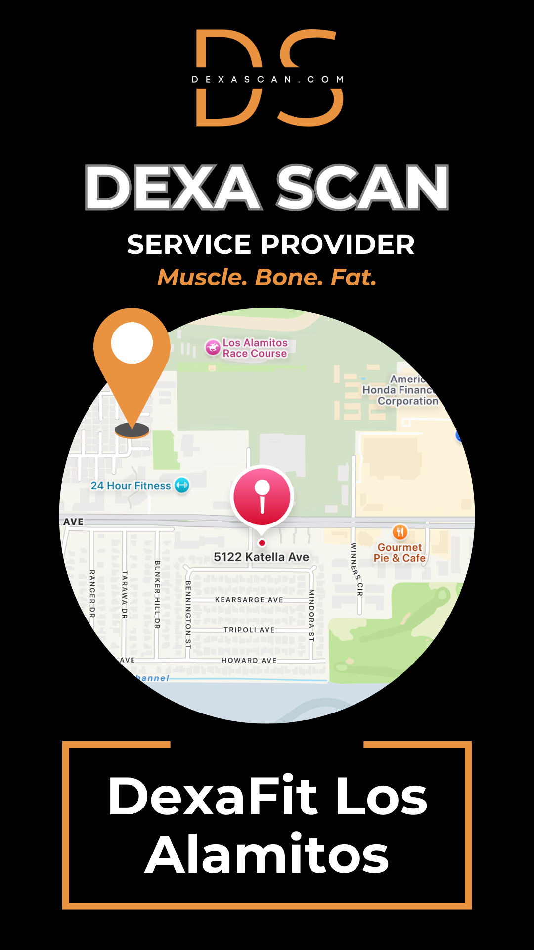 Dexa Scan service provider advertisement with map and branding elements on a black background