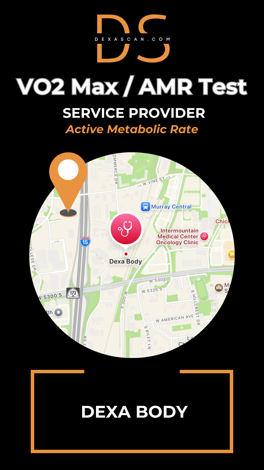 dexascan.com VO2 Max Active Metabolic Rate service provider DEXA Body with location map and pin