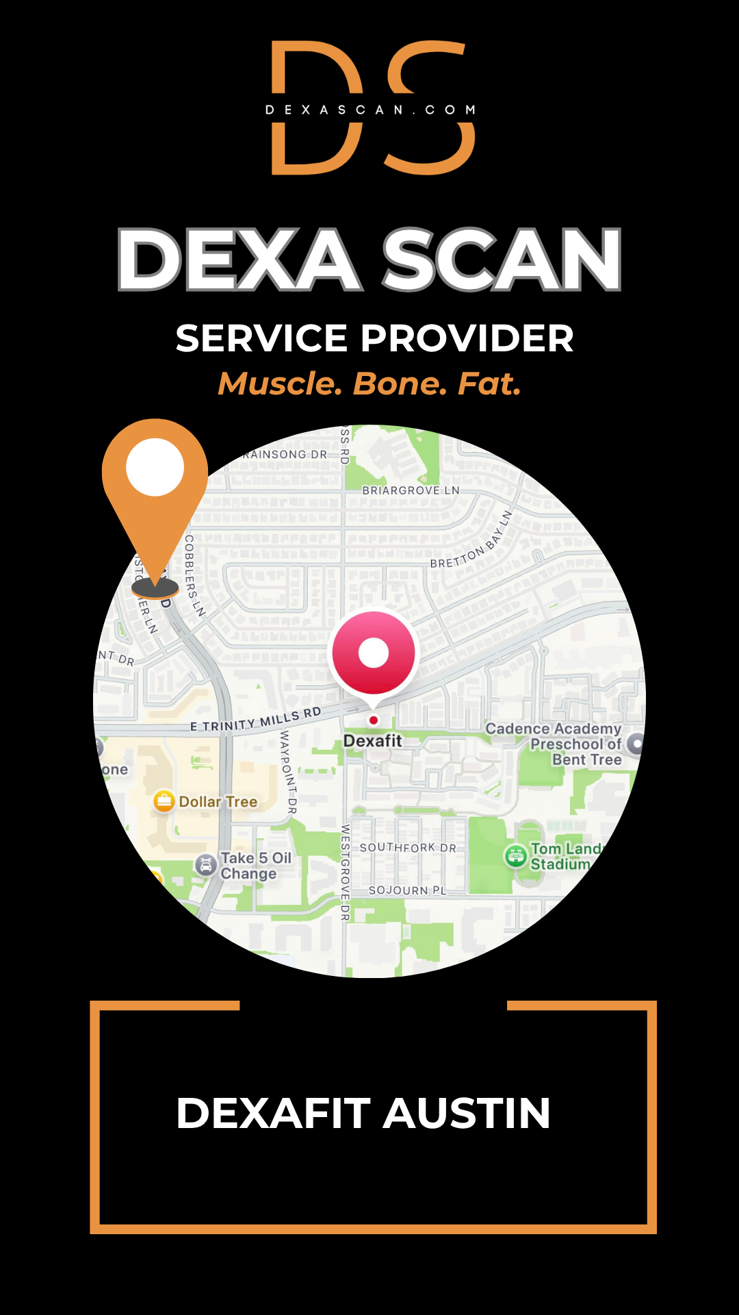 Dexa Scan service provider with map and branding elements on a black background