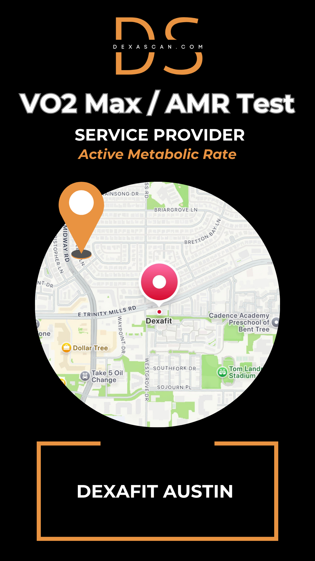 dexascan.com VO2 Max Active Metabolic Rate service provider DEXAFIT Austin with location map and pin