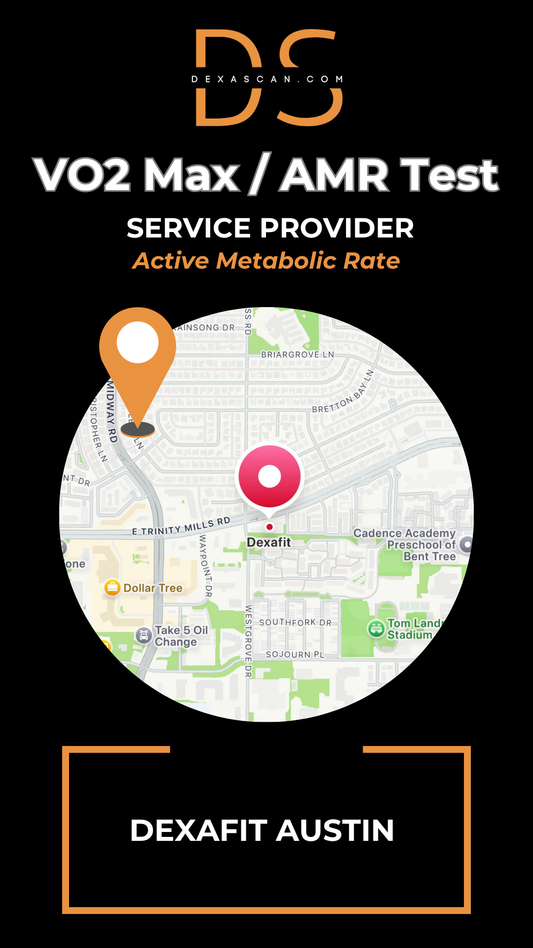 dexascan.com VO2 Max Active Metabolic Rate service provider DEXAFIT Austin with location map and pin