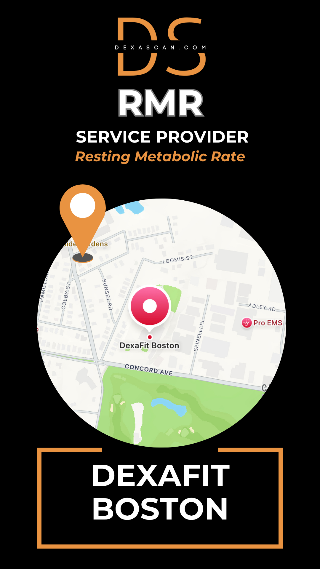 dexascan.com resting metabolic rate service provider DEXAFIT Boston with location map and pin
