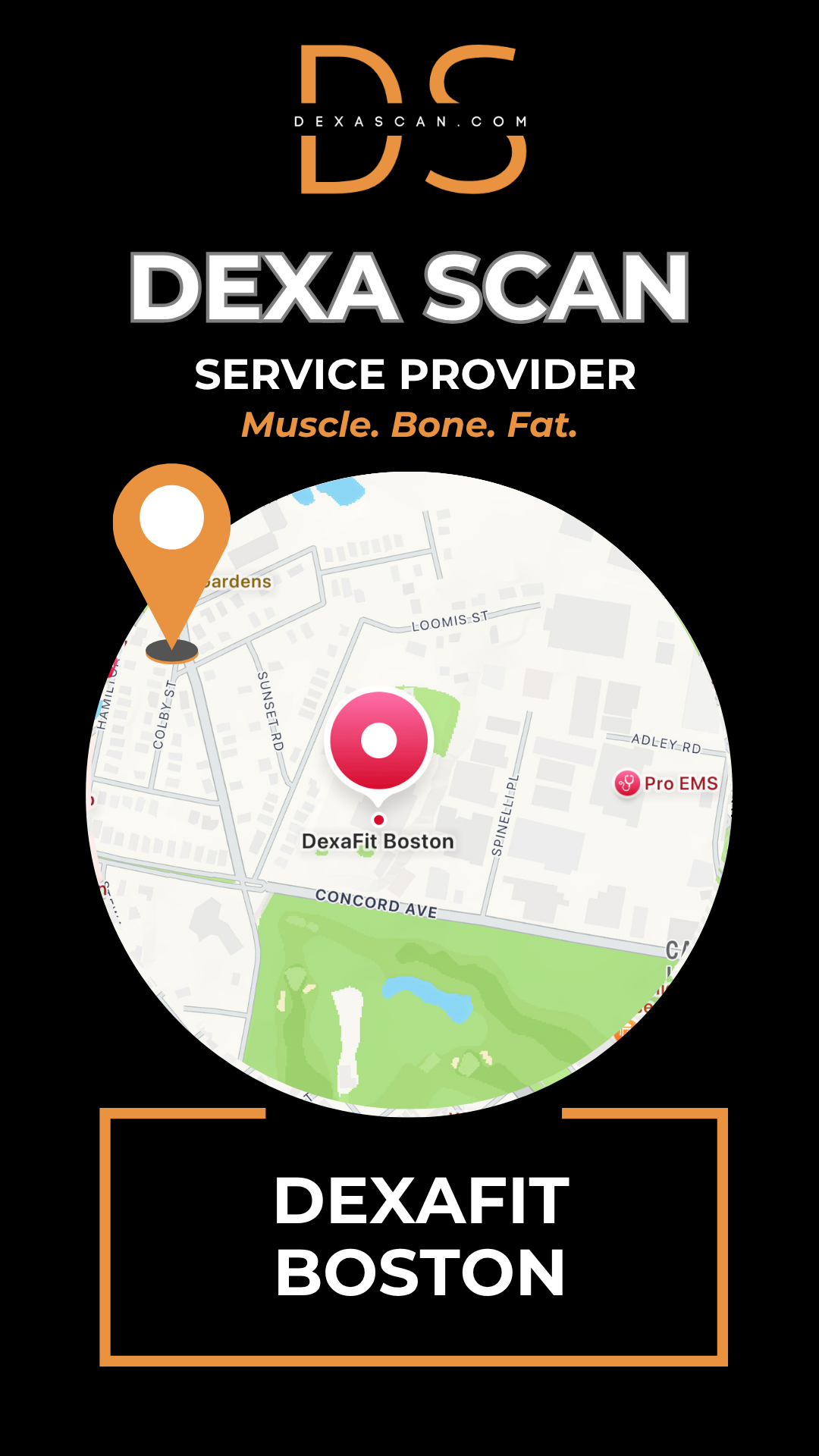 dexascan.com DEXA Scan service provider DEXAFIT Boston with location map and pin