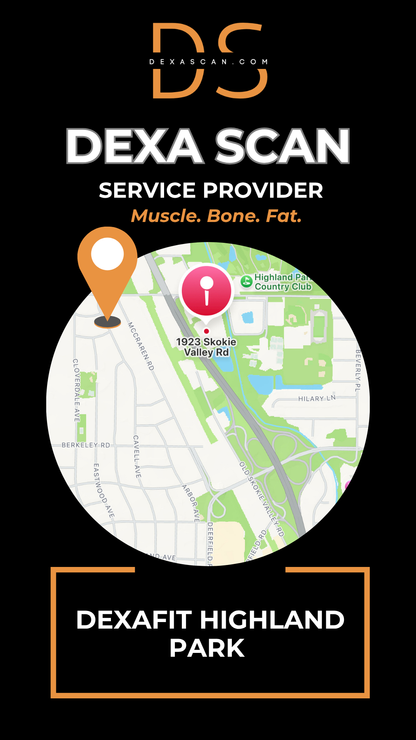 Dexa Scan service provider advertisement with map and contact information on a black background