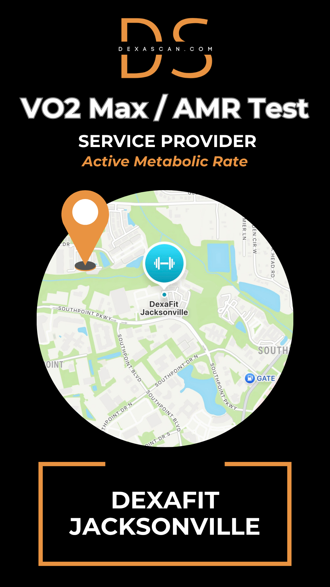 dexascan.com VO2 Max Active Metabolic Rate service provider DEXAFIT Jacksonville with location map and pin