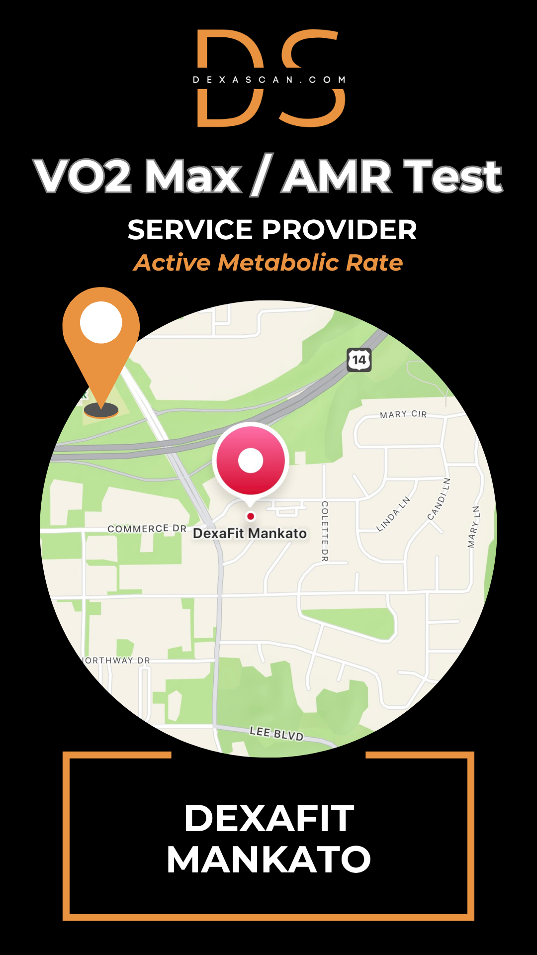 dexascan.com VO2 Max Active Metabolic Rate service provider DEXAFIT Mankato with location map and pin