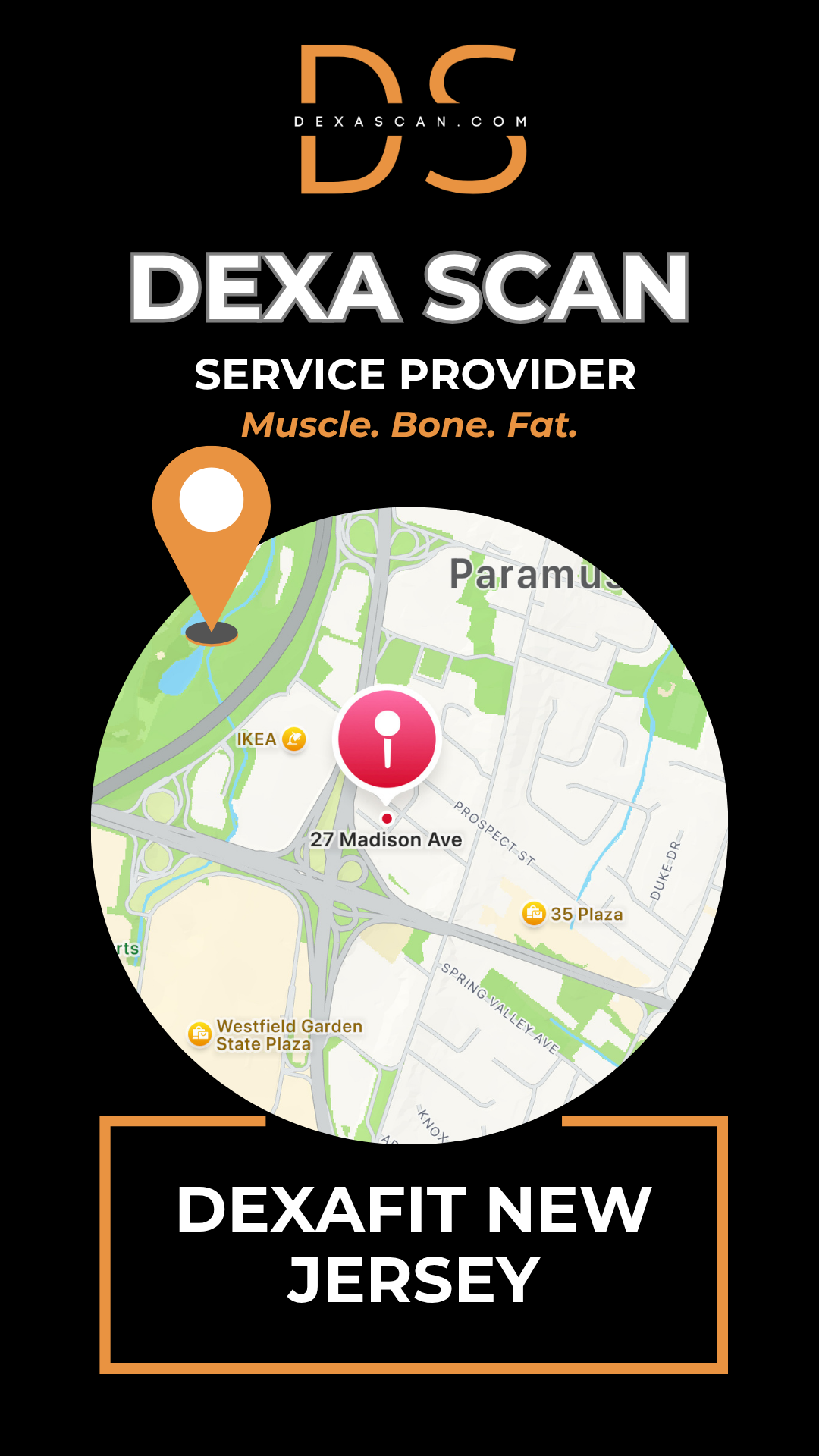 DEXA Scan service provider with map and branding elements.